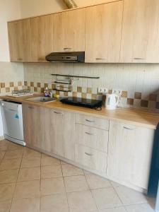 a kitchen with wooden cabinets and a sink and a dishwasher at Райское место in Šušanj +10 photos
