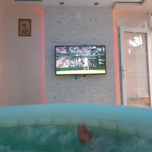 einen TV in einem Zimmer mit Pool in der Unterkunft RB Apartment 1 (SPA) & 2 in Palić