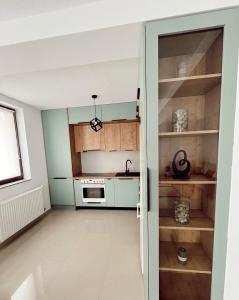 une cuisine avec une porte s'ouvrant sur une cuisine équipée d'une cuisinière. dans l'établissement NS apartment 2, à Cluj-Napoca