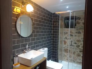La salle de bains est pourvue d'un lavabo, d'un miroir et d'une douche. dans l'établissement Villa ALONIA, à Kalamata