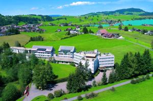 eine Luftansicht eines großen Hauses auf einem grünen Feld in der Unterkunft Allegro Alpin Lodge in Einsiedeln