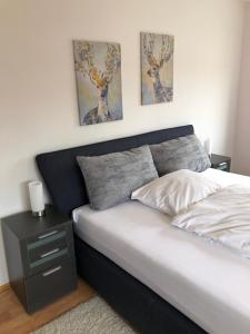a bedroom with a bed and two paintings on the wall at Attraktive Ferienwohnung in 35606 Solms, Wellness exklusiv im benachbarten Braunfels in Braunfels