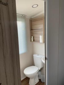 a bathroom with a white toilet and a window at Hot tub breakaways with castle view in Lincolnshire