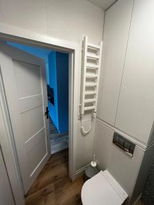 Łazienka z białą toaletą i niebieskimi drzwiami w obiekcie Apartament Szumilas Rowy w Rowach