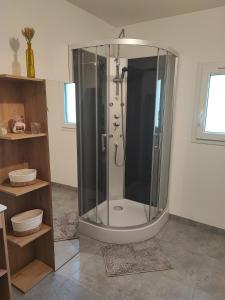 La salle de bains est pourvue d'une douche et d'une cabine de verre. dans l'établissement Aux portes de Chambord, à Muides-sur-Loire