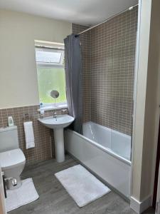 ein Badezimmer mit einem Waschbecken, einem WC und einer Badewanne in der Unterkunft 4 Bed Family Home in Woodford Green