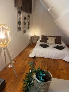 um quarto com uma cama e piso em madeira em Couette et Tartine em Chalon-sur-Saône