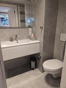 a bathroom with a sink and a toilet at Archimède Suites in Brussels