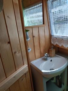 Elle comprend une petite salle de bains pourvue d'un lavabo et d'une fenêtre. dans l'établissement Ille Flottante, Maison éclusière et hébergements insolites sur le canal, à Hédé