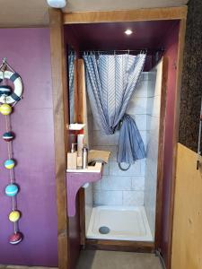 baño con lavabo y pared púrpura en Ille Flottante, Maison éclusière et hébergements insolites sur le canal, en Hédé