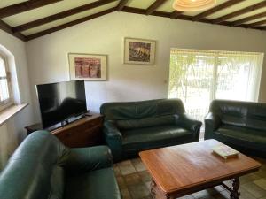 ein Wohnzimmer mit grünen Ledermöbeln und einem Flachbild-TV in der Unterkunft completely renovated back part of a farm in Uden