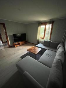 a living room with a couch and a tv at Vetlandavägen 37 C in Målilla