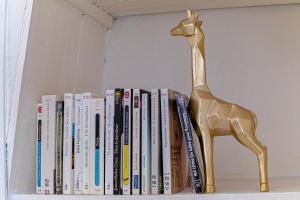 a book shelf with a giraffe figurine on top of books at Le pied à terre d'ernest in Limoges