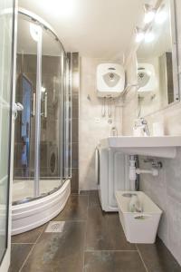a bathroom with a shower and a sink and a toilet at Apartment Penny in Stomorska
