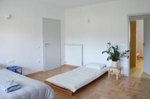 ein Schlafzimmer mit 2 Betten und einer Topfpflanze in der Unterkunft STUDIO GREENHOUSE in Tolmin