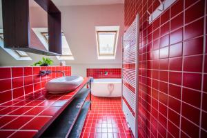 Casa Mina - Dok Noord Ghent في خنت: حمام احمر مع حوض استحمام وبلاط احمر