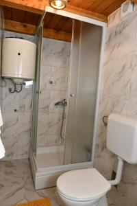 een badkamer met een toilet en een douche met marmeren muren bij Great place for relaxation in Gornji Proložac