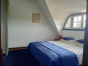 a bedroom with a blue bed and a window at Podroże Chëcz in Charbrowo