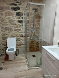 ein Bad mit einem WC und einer Glasdusche in der Unterkunft Casa de piedra céntrica. in Ribeira