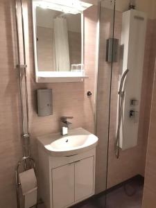 a bathroom with a sink and a shower with a mirror at Lilla Drottninggatan Apartment Hotel in Helsingborg