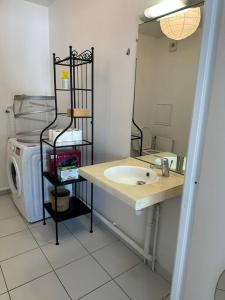 a bathroom with a sink and a washing machine at Grand Studio de 37m carrés - Parking - RER Laplace et Maison des Examens à 5 minutes à pied in Arcueil