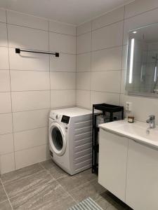 een wasmachine in een badkamer naast een wastafel bij Leilighet i Trondheim in Trondheim