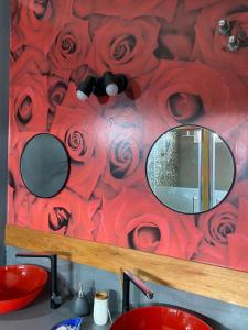 a bathroom with a mirror on a wall with roses at Cañas Suites Villa Cura Brochero in Villa Cura Brochero