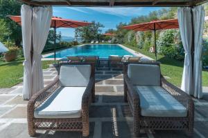 CicianaにあるLuxury Pool Villa Olivetoのプールサイドのスイミングプール(椅子2脚、パラソル付)