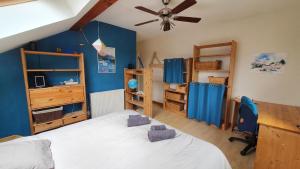 a bedroom with blue walls and a bed and a desk at Lacustrebnb in Choisy
