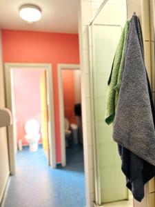 ein Bad mit einem Handtuch, das an einer Tür hängt in der Unterkunft BunkHouse in Cardiff