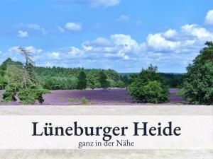 een veld van paarse bloemen en bomen met de titellijn hamburger hegggarma in bij Blumenvilla 6 mit Küche, Balkon, Sauna und Garten in Schneverdingen
