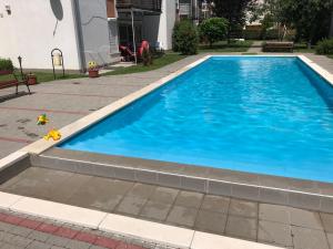 a large blue swimming pool in a yard at Gold Sea Apartman in Siófok