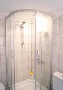 a shower with a glass door in a bathroom at Didim Yazlik Ev 1 in Didim