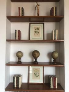 ミラノにあるCasa Pagano Un pezzo di cielo su Milanoの本が入った木製の棚のある壁