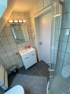 a bathroom with a shower and a sink and a mirror at Ferienhaus Langweid in Langweid