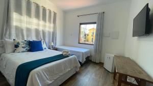 蒂拉登蒂斯的住宿－Pouso Flor da serra，一间卧室设有两张床、一台电视和一扇窗户。