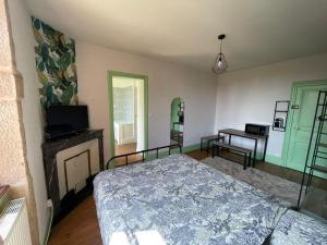 una camera con letto, televisore e tavolo di Le Clos des Cadots a Chaintré