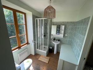 een badkamer met een douche en een wastafel bij Le Clos des Cadots in Chaintré