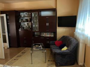 sala de estar con silla y TV en Dózsa apartman, en Hajdúszoboszló