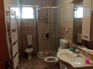 ein Bad mit einer Dusche, einem WC und einem Waschbecken in der Unterkunft Apartment Kukljica 8237b in Kukljica