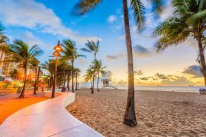 un chemin sur la plage avec des palmiers au coucher du soleil dans l'établissement The Hideaway, à Fort Lauderdale