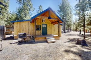 Cabaña de madera pequeña con puerta verde en un bosque en Little Pine Cabin at Big Pine Retreat, en Crescent