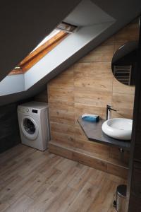 uma casa de banho com um lavatório e uma máquina de lavar roupa em Apartmán U Borovice em Bílá Třemešná
