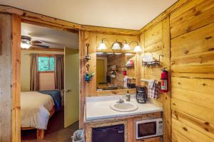 uma casa de banho com um lavatório e uma cama num quarto em Cedaredge Lodge, Cabin 5 em Cedaredge