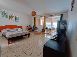 a bedroom with a bed and a tv in a room at Cibuqueira numéro 5, Appartement en centre ville,vue sur mer, plage à pied in Le Moule