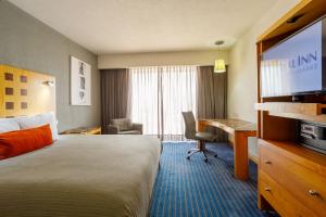 a hotel room with a bed and a desk and a television at Real Inn Ciudad Juarez by the USA Consulate in Ciudad Juárez