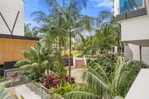 a view of the courtyard of a resort with palm trees at Modern Riverside Oasis - Gym Pool WiFi & Parking in Brisbane