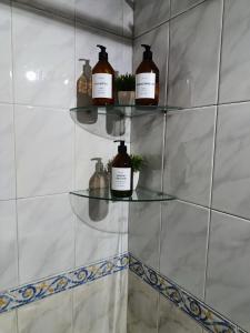 a bathroom with three shelves on a tiled wall at HERMOSO DPTO 2 dor TUCUMAN in San Miguel de Tucumán