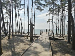 a boardwalk on the beach near the water at Poilsis Giruliuose in Klaipėda