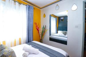 KiambuにあるJoy fully furnished & serviced apartmentsのベッドルーム(ベッド1台、大きな鏡付)